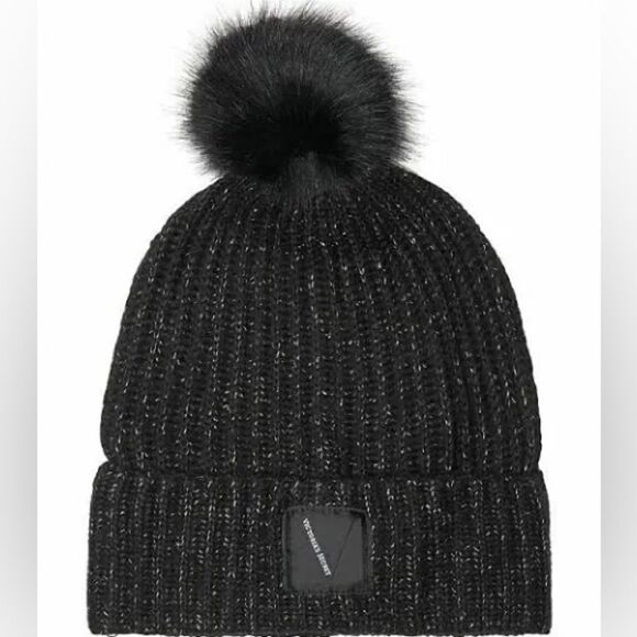 VICTORIA’S SECRET Women’s Ribbed Knit Metallic Pom Beanie Hat - Picture 5 of 6